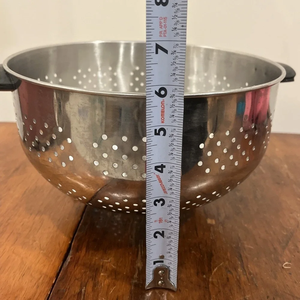 Vintage Farberware Stainless Steel Colander Strainer Black Handles Footed 9.5x6